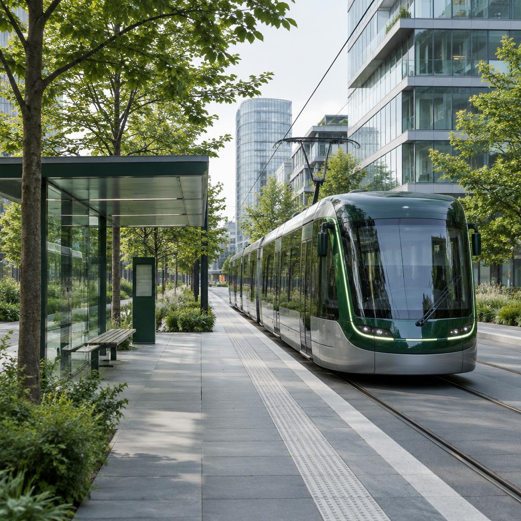 Moderne Stadtbahn zwischen Bäumen und zeitgenössischer Architektur